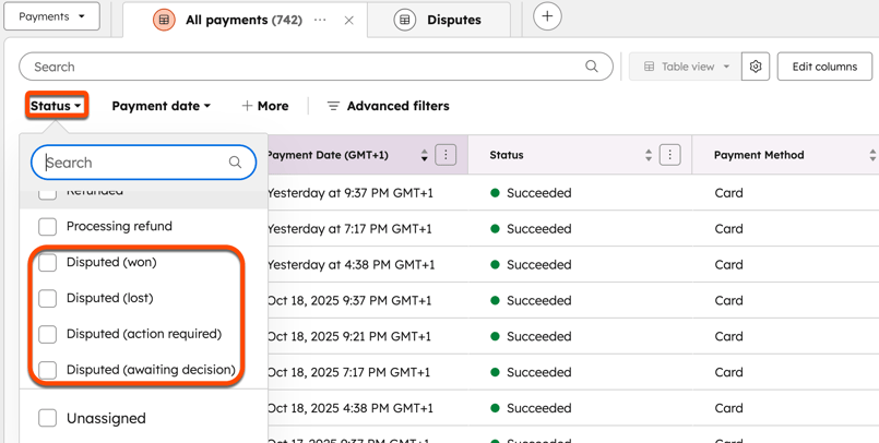 Payments index page showing the advanced filter options by dispute status.