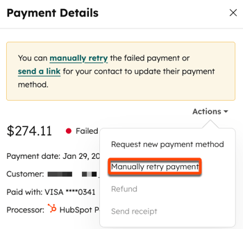 Pagina dell'indice dei pagamenti che mostra l'opzione di riprovare manualmente un pagamento fallito.