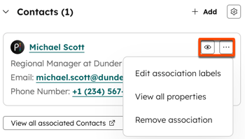 L'interfaccia di HubSpot mostra le opzioni per visualizzare l'anteprima, modificare le etichette di associazione o rimuovere un record associato.