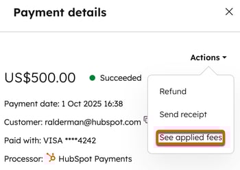 Menu de ações em um registro de pagamento HubSpot com a opção Ver taxas aplicadas realçada.