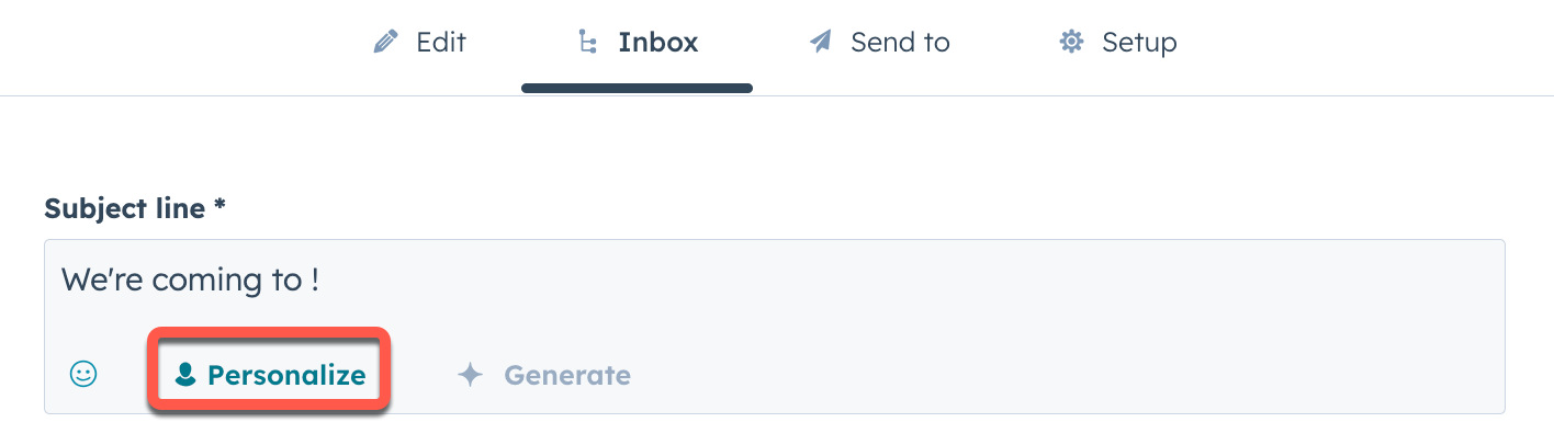 Screenshot of the Inbox tab of the email editor, with the Personalize button beneath the Subject line field highlighted.