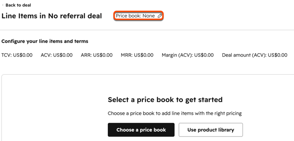Price book page showing no line items with option to add products