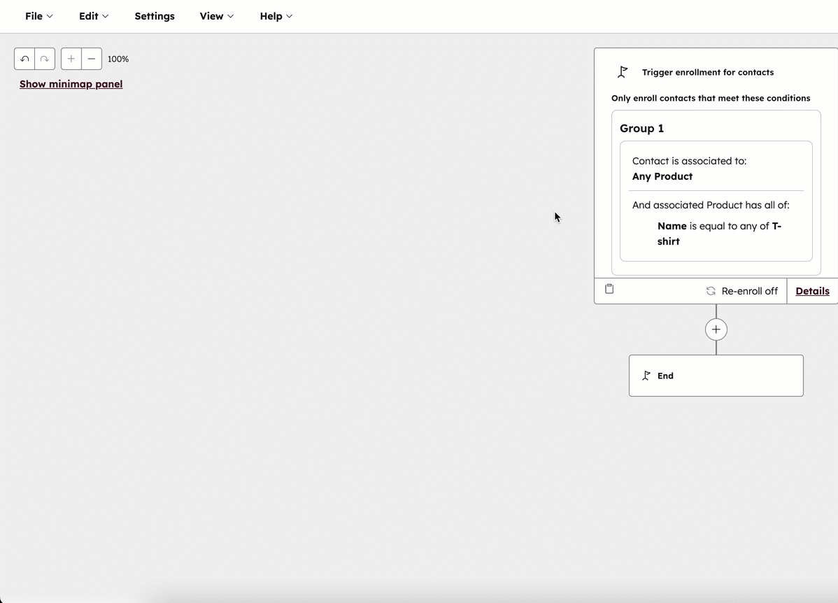 A GIF demonstrating how to set up a workflow enrollment trigger based on a line item property value rather than a product association.