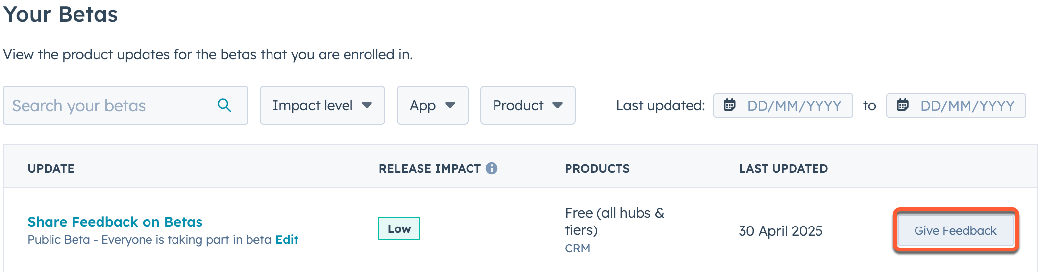 Give feedback button for beta features