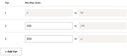 Screenshot of the product tier configuration screen for setting unit cost, minimum units, and adding new tiers.