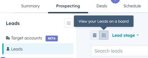 A screenshot of the "Prospecting" tab in HubSpot, showing a "Leads" section A tooltip points to an icon, stating "View your Leads on a board."