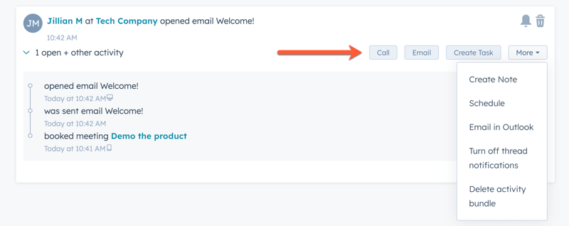 Follow up with a contact within the activity feed, showing options to call, email, create task, and more.