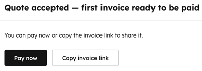 Quote acceptance screen showing Pay now and Copy invoice link options after a buyer accepts a quote.