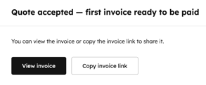 Quote acceptance screen showing View invoice and Copy invoice link options when online payments are turned off.