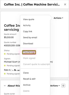 Actions menu on the HubSpot quotes index page highlighting the Countersign option.