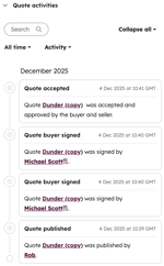 Quote activities card in the right sidebar showing tracked buyer and seller actions on a quote.