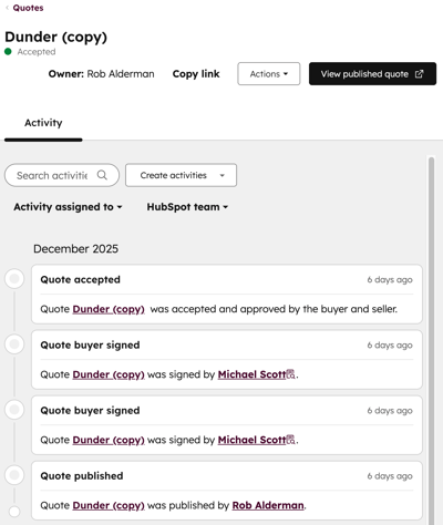 Vollständige Aktivität Chronik für ein Angebot mit einer chronologischen Liste der Angebots-Events.