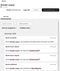 Full activity timeline for a quote showing a chronological list of quote events.