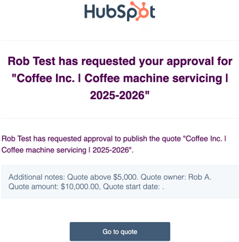 An email notification to an approver, showing quote details and a prominent 'Go to quote' button.