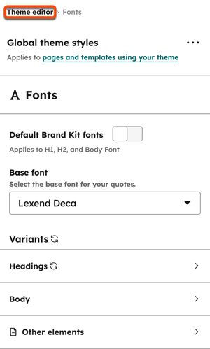 Branding style options in left sidebar editor of quote template, showing theme customization settings
