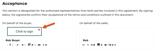 Acceptance section on a HubSpot quote showing the Click to sign link above the signer's name.