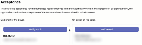 Verify email button on a HubSpot quote used to confirm the buyer's identity before e-signing.