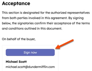 HubSpot quote with a Sign now button at the bottom to start the e-signature process.