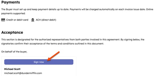 HubSpot quote with a Sign now button at the bottom to start the e-signature process.