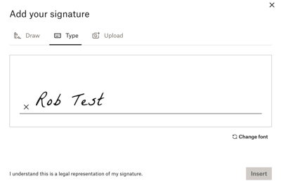 Dropbox Sign e-signature dialog box where a buyer can draw, type, or upload their signature to sign the quote.