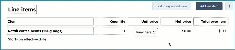Animated GIF demonstrating how the unit price of a line item automatically updates as the quantity is adjusted for a tiered pricing product.