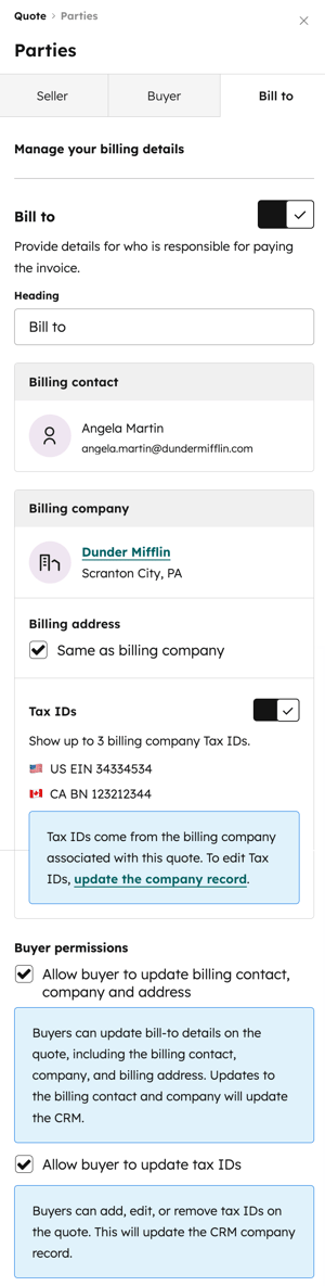 Bill to tab selected in quote editor, displaying billing contact and company details for the quote