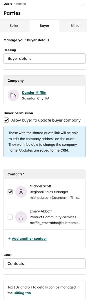 Buyer tab selected in quote editor, displaying buyer contact and company information fields