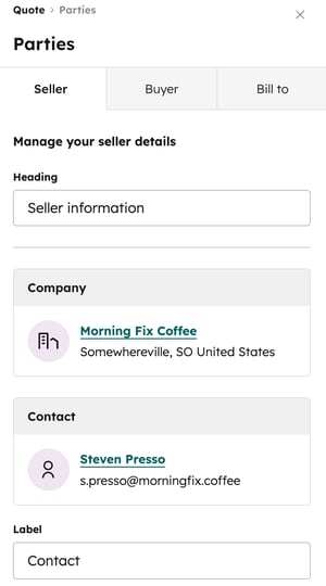 Seller tab selected in quote editor, showing seller information and associated details