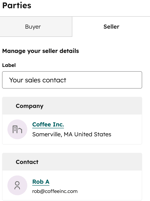 The Seller tab in the Parties module, showing fields for the heading, company name, and seller contact details.