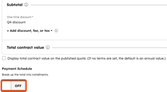 Legacy quote payment schedule setting toggled on in HubSpot, showing scheduled payments enabled for quotes