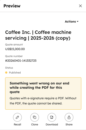 PDF generation error message displayed in quotes tool interface indicating a failed export or download issue