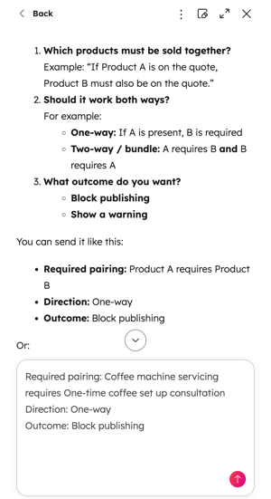 A screenshot showing the right panel with the clarifying questions asked by Breeze to set up the quote rule.