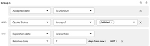 Segment filters for not accepted published quotes expiring within seven days in HubSpot quote segments tool