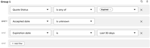 Segment filters for expired quotes from last 30 days with unknown accepted date in HubSpot quote segments tool