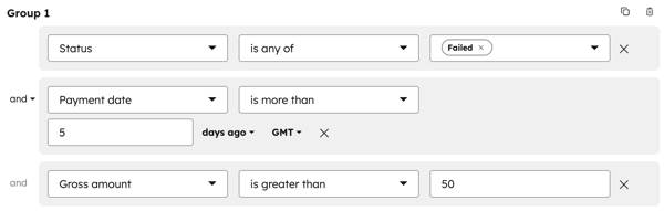 分段筛选器配置显示失败状态和超过设定天数的付款日期。