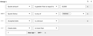 Segment filters for high value published quotes older than seven days with no accepted date in HubSpot quote segments tool