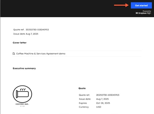 A HubSpot quote page with the 'Get started' button highlighted in the upper right corner to begin the e-signature process.