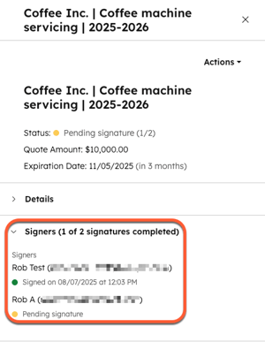 A right-hand panel in the HubSpot quotes page showing a timeline of signing activity and a list of signers with their status.