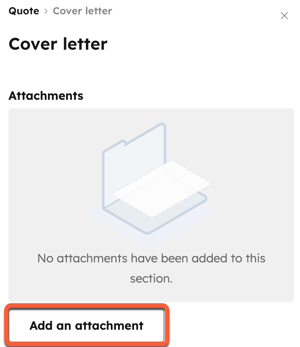 A screenshot of the left sidebar in the quote editor, highlighting the 'Add an attachment' button.