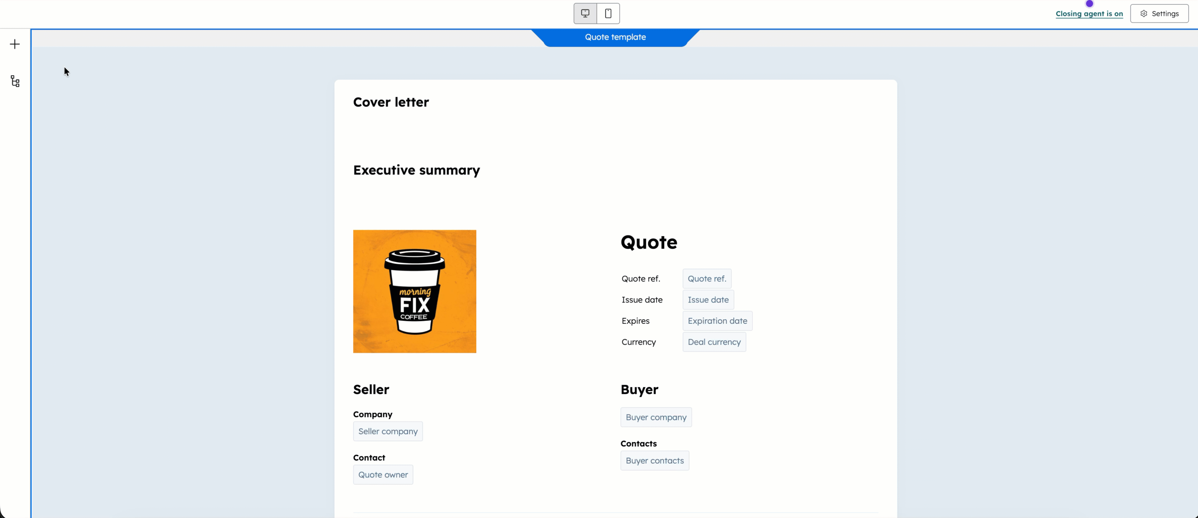 GIF showing how to add a content section module to a quote template.