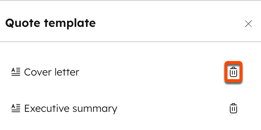 A screenshot of the left sidebar showing the 'delete' icon next to the 'Cover letter' module.