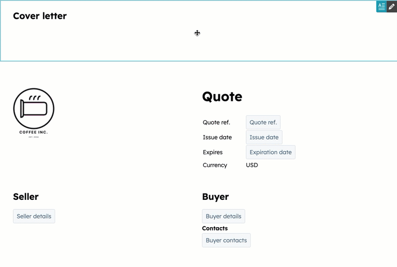 An animated GIF showing how to click and drag a module to a new position in the quote preview.