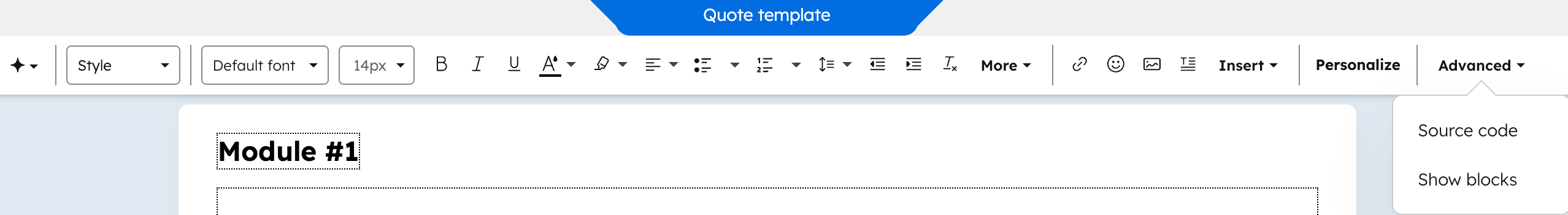 Screenshot of the rich text formatting toolbar and the source code dialog in the quote template editor.
