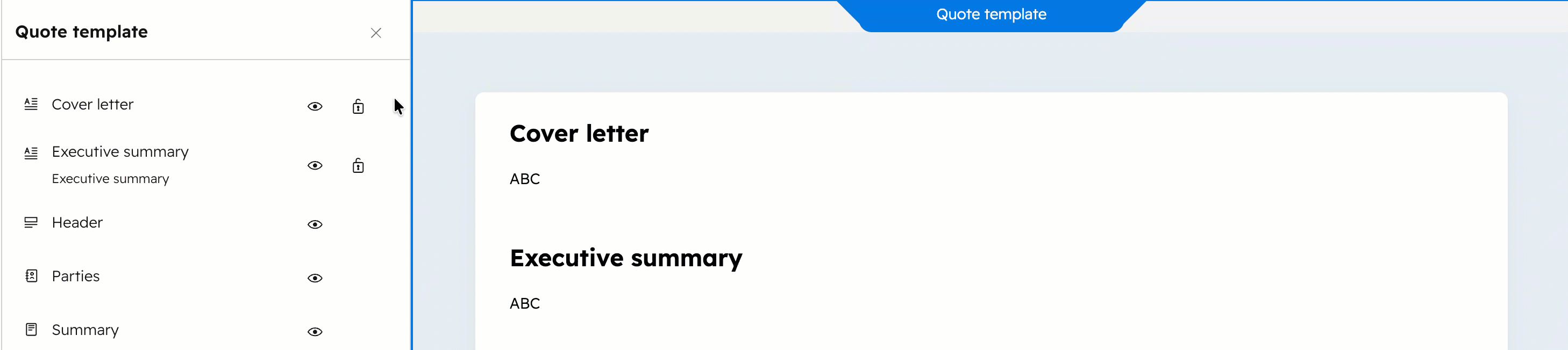 Lock icon option in the quote template editor used to hide or restrict quote access