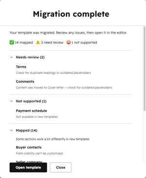 Quote template migration complete report showing migration status and results summary