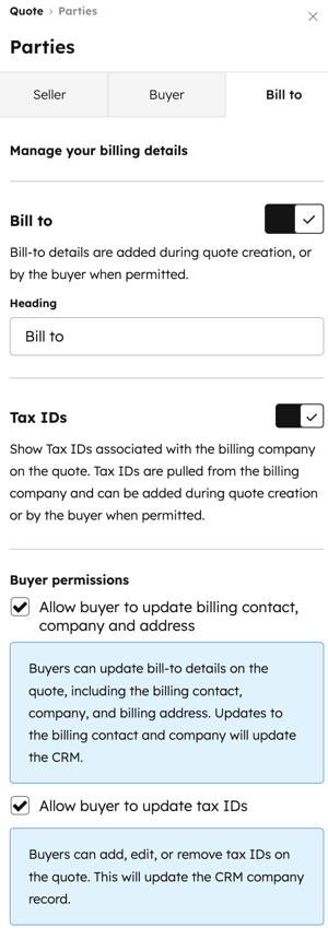 Bill to tab in quote template editor, displaying default billing contact and company information fields