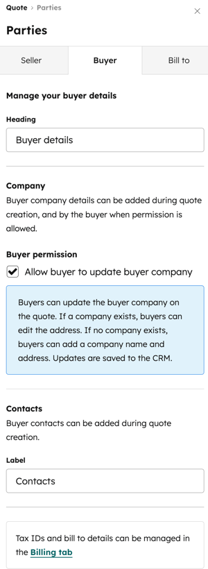 Buyer tab in quote template editor, displaying default buyer contact and company fields