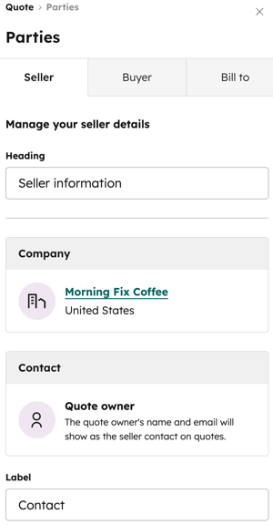 Seller tab in quote template editor, showing default seller information fields