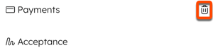 A screenshot of the left sidebar showing the 'delete' icon next to the 'Payments' module.