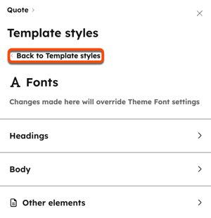Back button in left sidebar editor of quote template, returning to main style settings